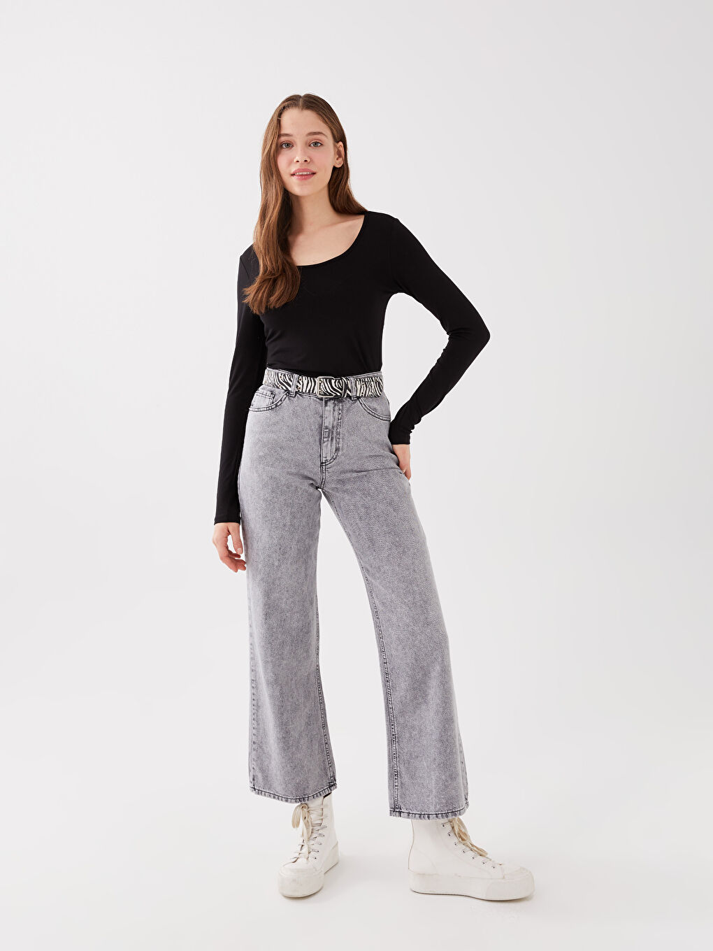 Blugi cu Talie Înaltă, Wideleg, Detalii Buzunar pentru Femei