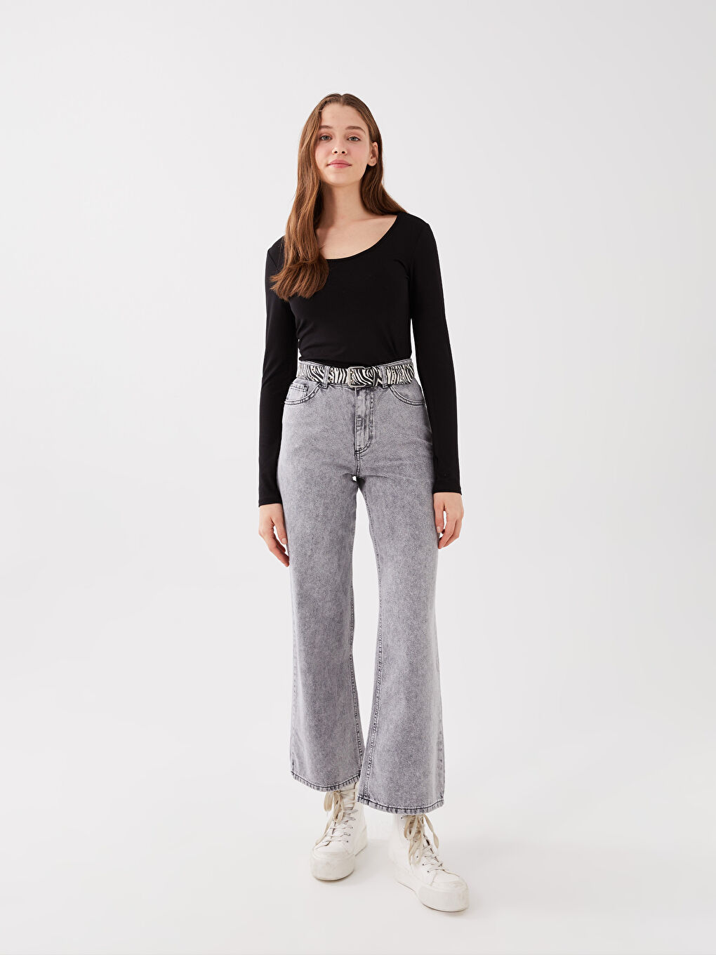 Blugi cu Talie Înaltă, Wideleg, Detalii Buzunar pentru Femei-1