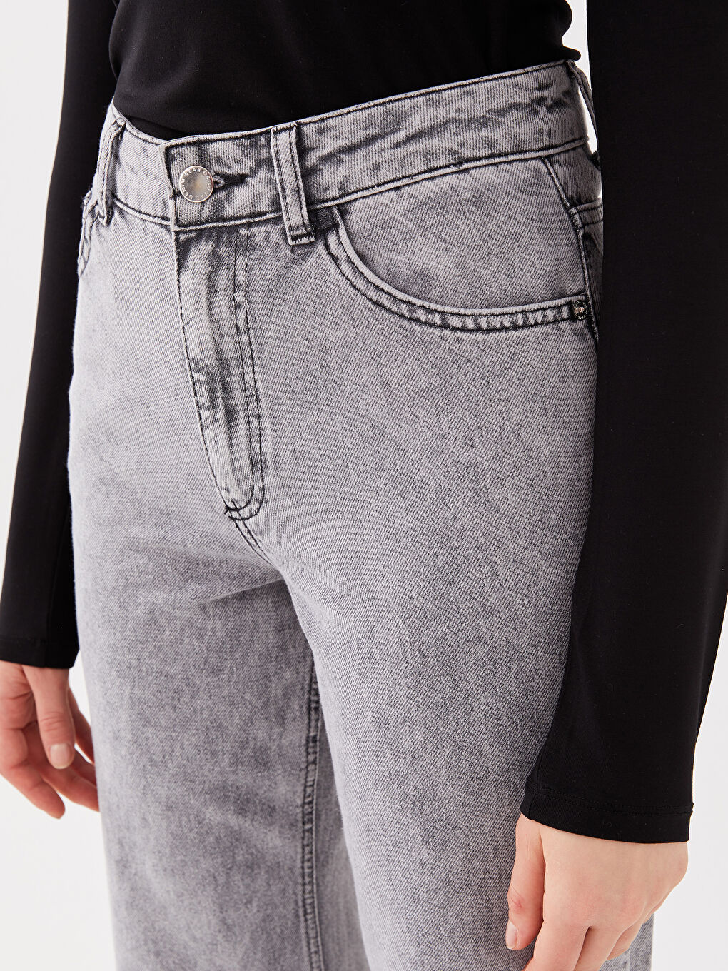 Blugi cu Talie Înaltă, Wideleg, Detalii Buzunar pentru Femei-2