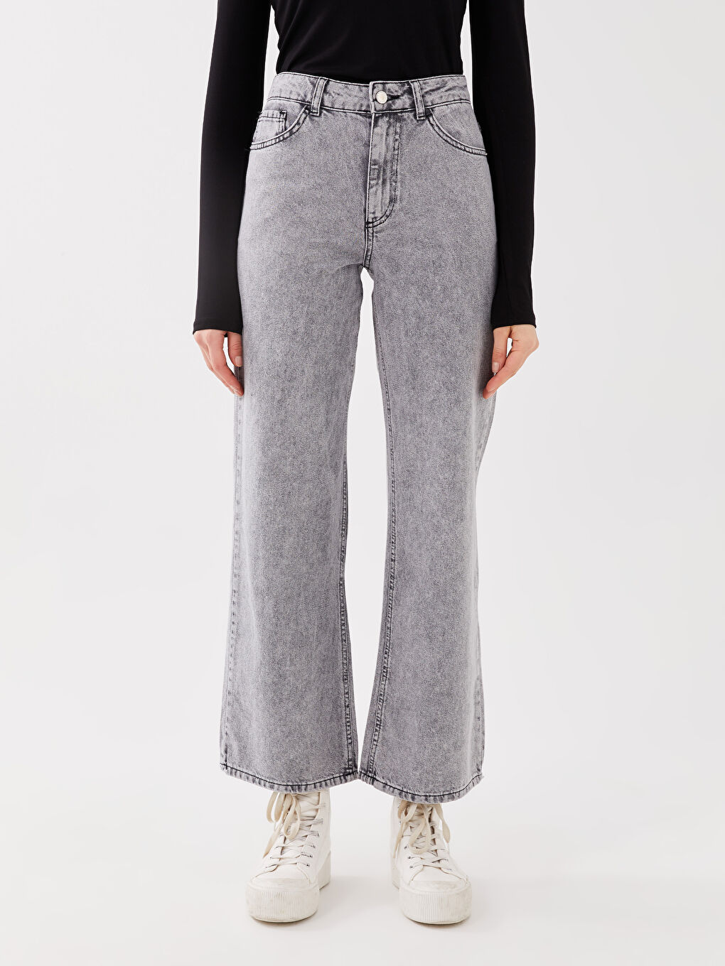 Blugi cu Talie Înaltă, Wideleg, Detalii Buzunar pentru Femei-3