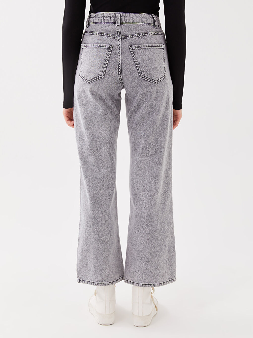 Blugi cu Talie Înaltă, Wideleg, Detalii Buzunar pentru Femei-4