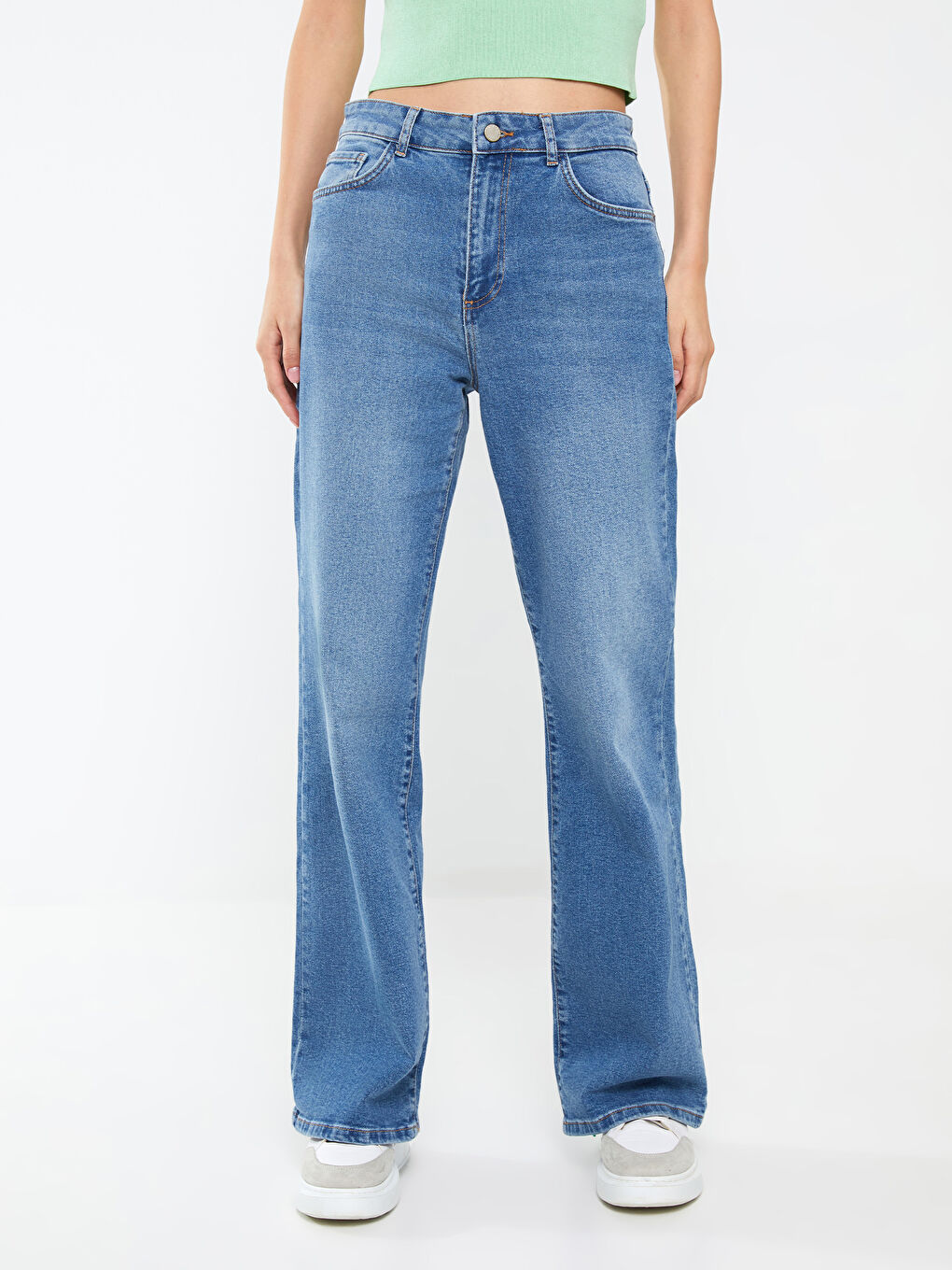 Женские джинсы с высокой посадкой, широкими штанинами, из обычного денима-4