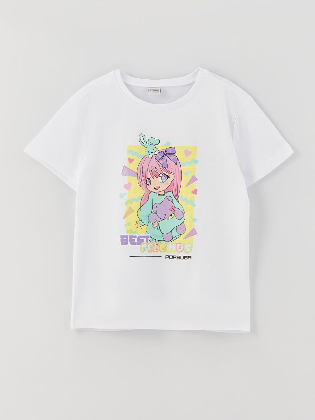 تيشيرت للبنات بياقة دائرية مطبوع كم قصير-2