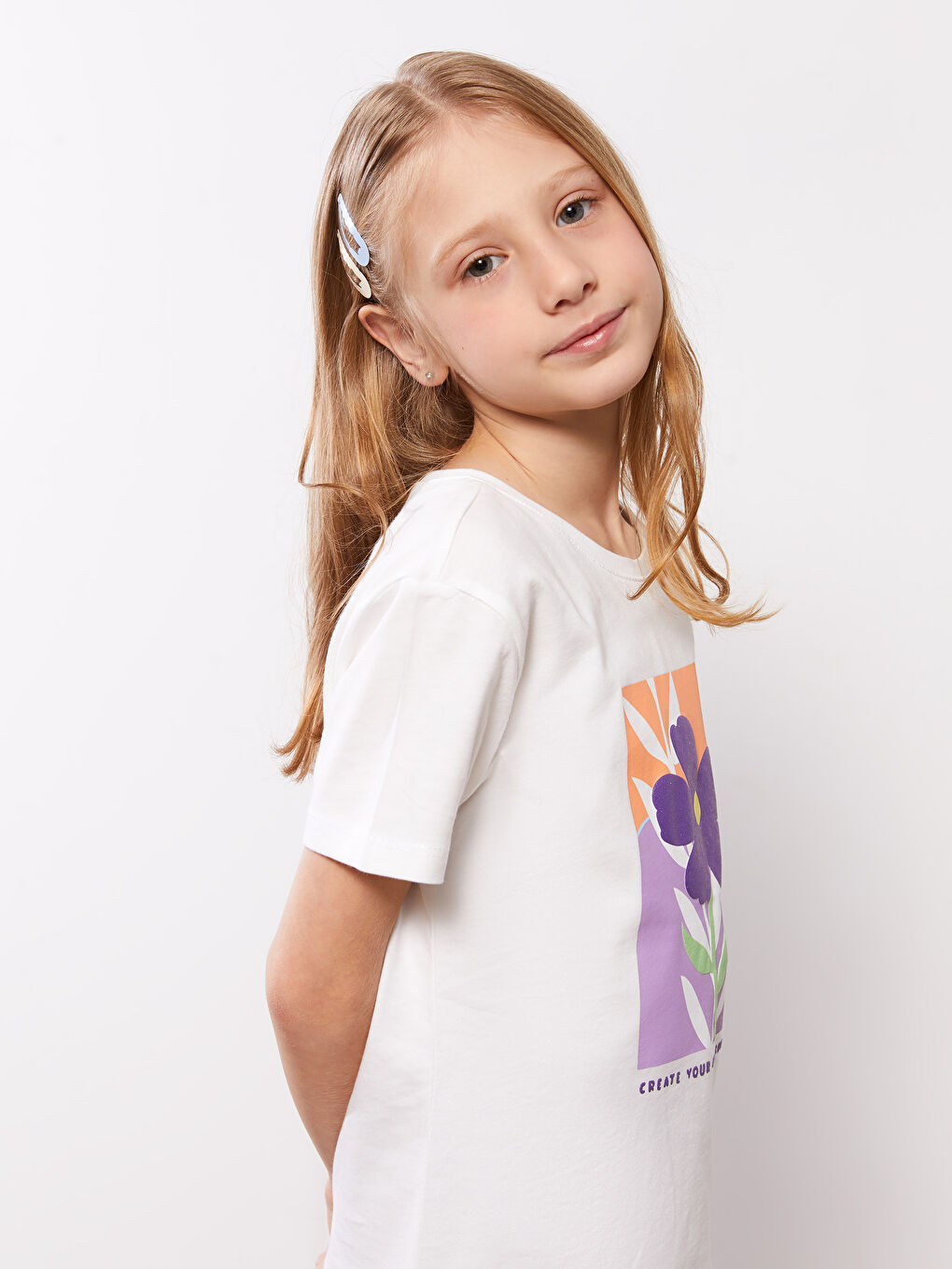 Tricou cu Guler Rotund Imprimat cu Mânecă Scurtă pentru Fete-1