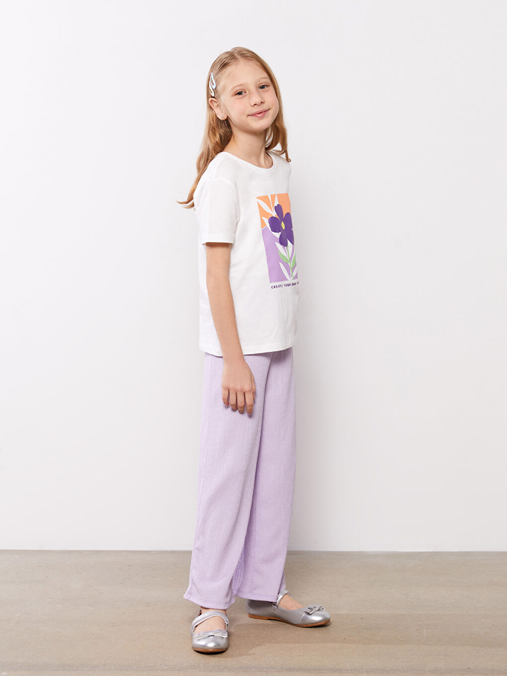 Tricou cu Guler Rotund Imprimat cu Mânecă Scurtă pentru Fete-2