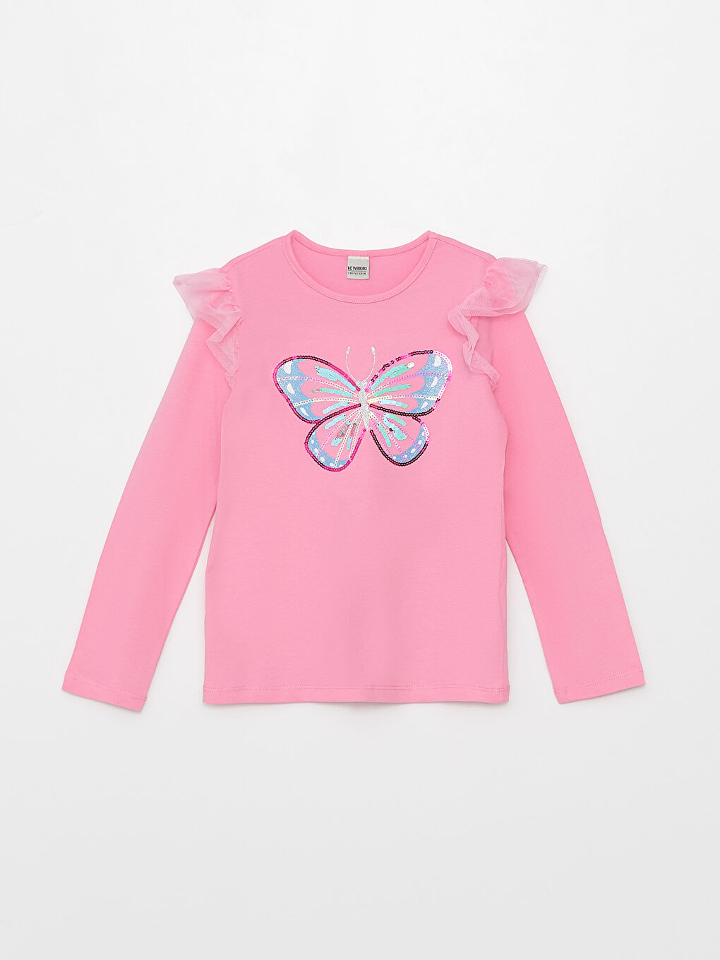 Crew Neck Sequin Embroidered Long Sleeve Cotton Girls T-Shirt