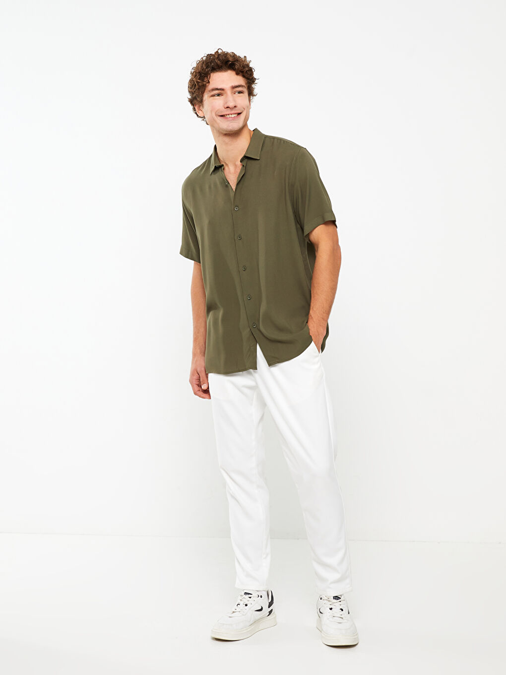 Haki Regular Fit Kısa Kollu Viskon Erkek Gömlek-1