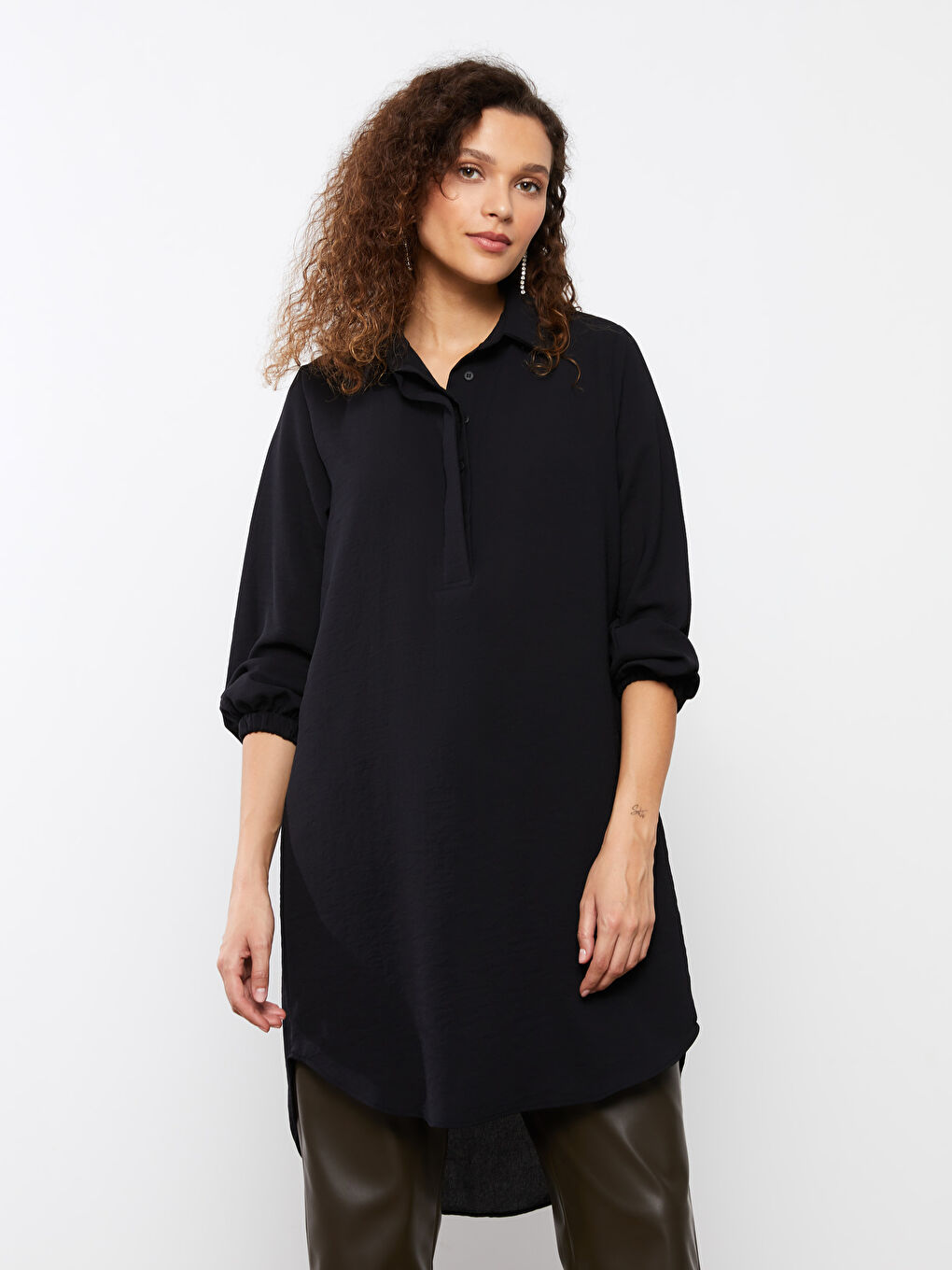 قميص تونيك للسيدات كم طويل سادة-1