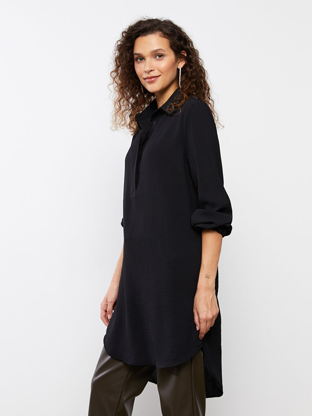 قميص تونيك للسيدات كم طويل سادة-2