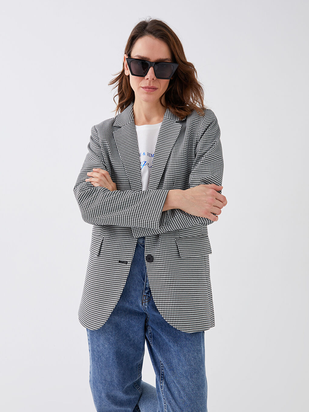 جاكيتات كم طويل بنقشة قدم الإوز للسيدات-1