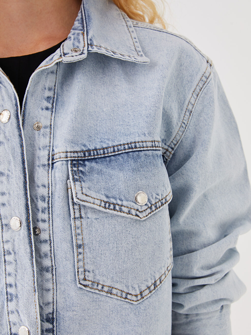 İndigo Gömlek Yaka Oversize Kadın Jean Ceket-3