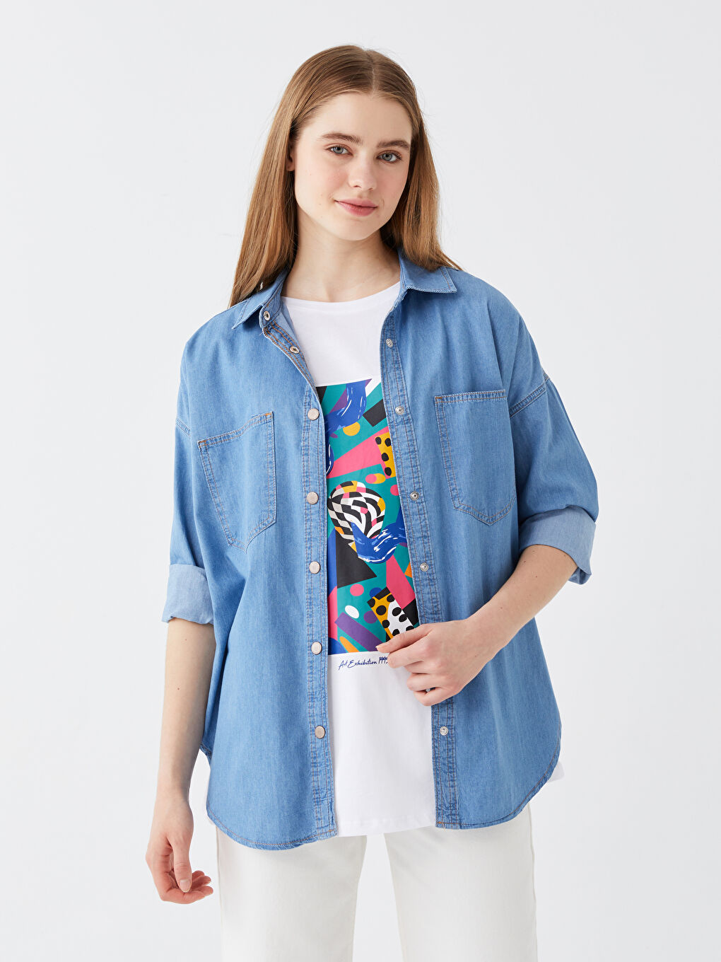 LCW Vision Plain Long Sleeve Oversize Women's Denim Shirt -S35399Z8-507