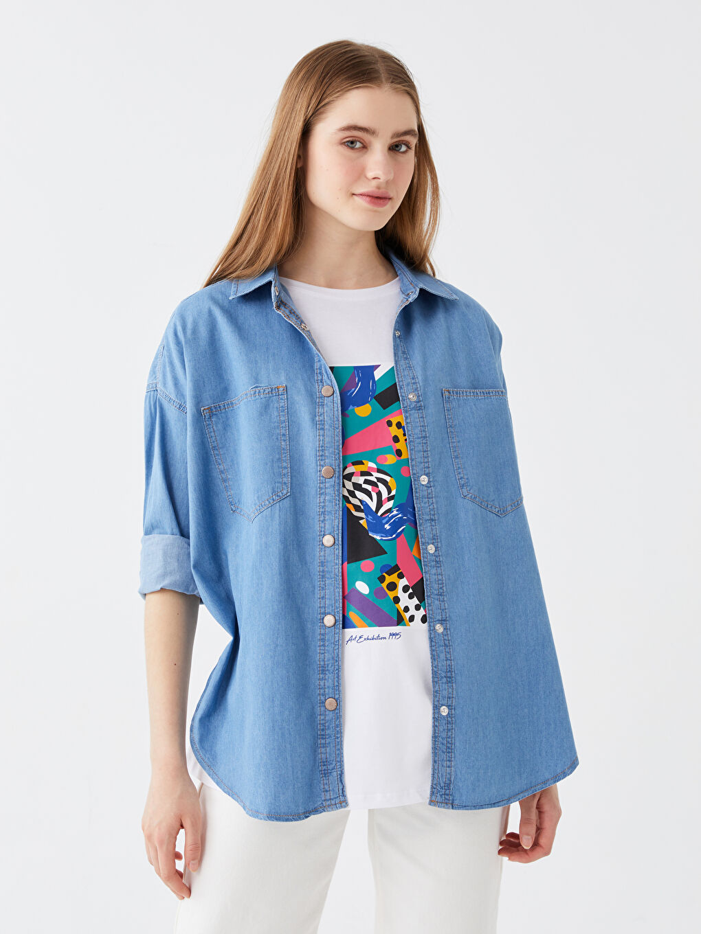 LCW Vision Plain Long Sleeve Oversize Women's Denim Shirt -S35399Z8-507