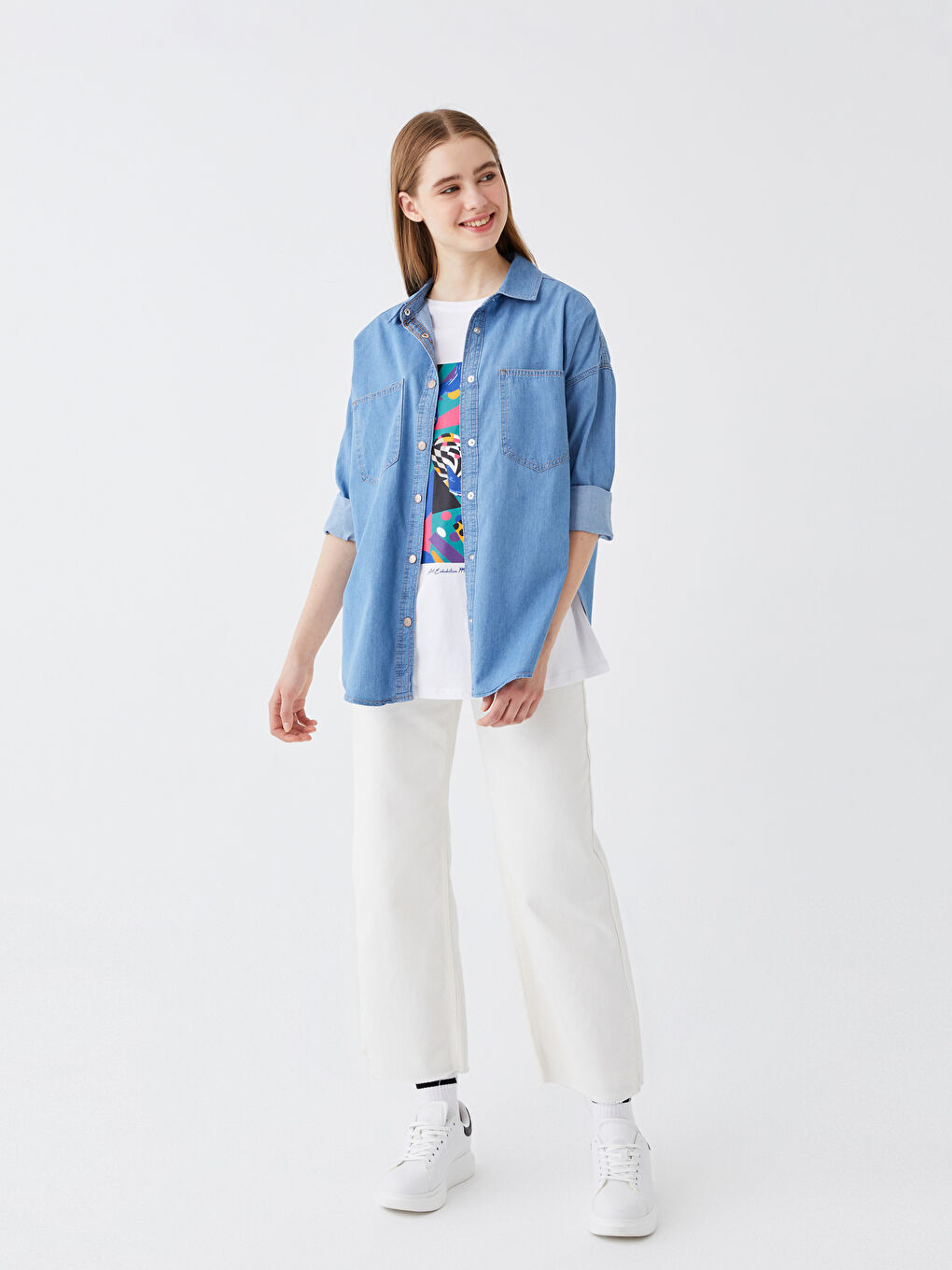 LCW Vision Plain Long Sleeve Oversize Women's Denim Shirt -S35399Z8-507