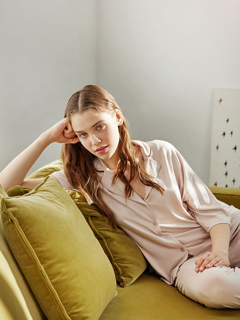 Bej Gömlek Yaka Düz Kısa Kollu Kadın Pijama Takımı-3