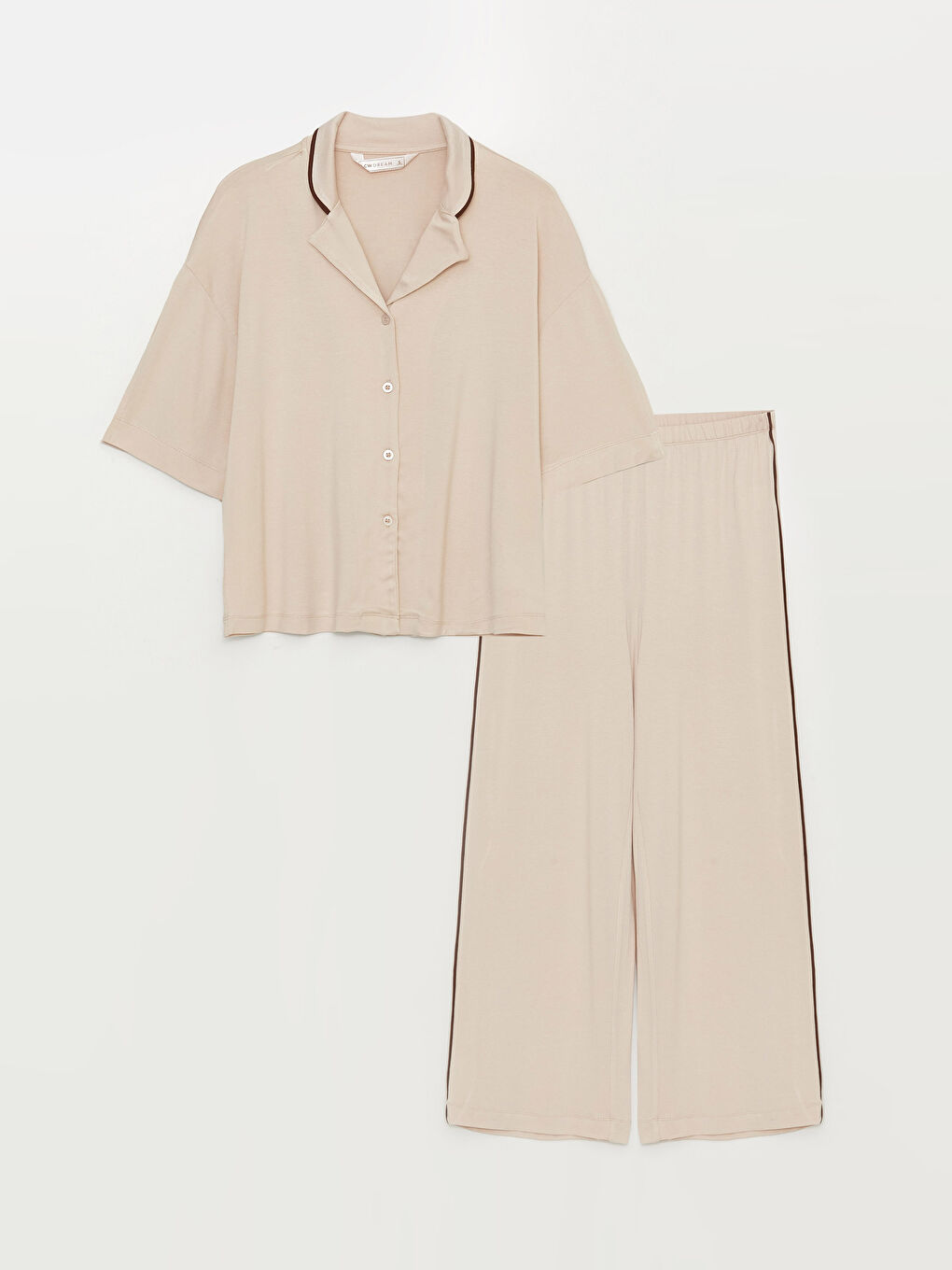 Bej Gömlek Yaka Düz Kısa Kollu Kadın Pijama Takımı-8