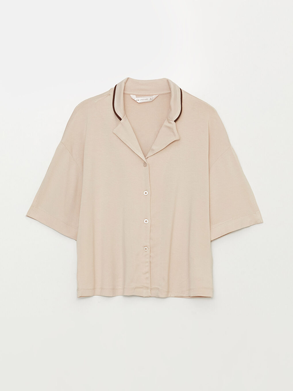 Bej Gömlek Yaka Düz Kısa Kollu Kadın Pijama Takımı-9