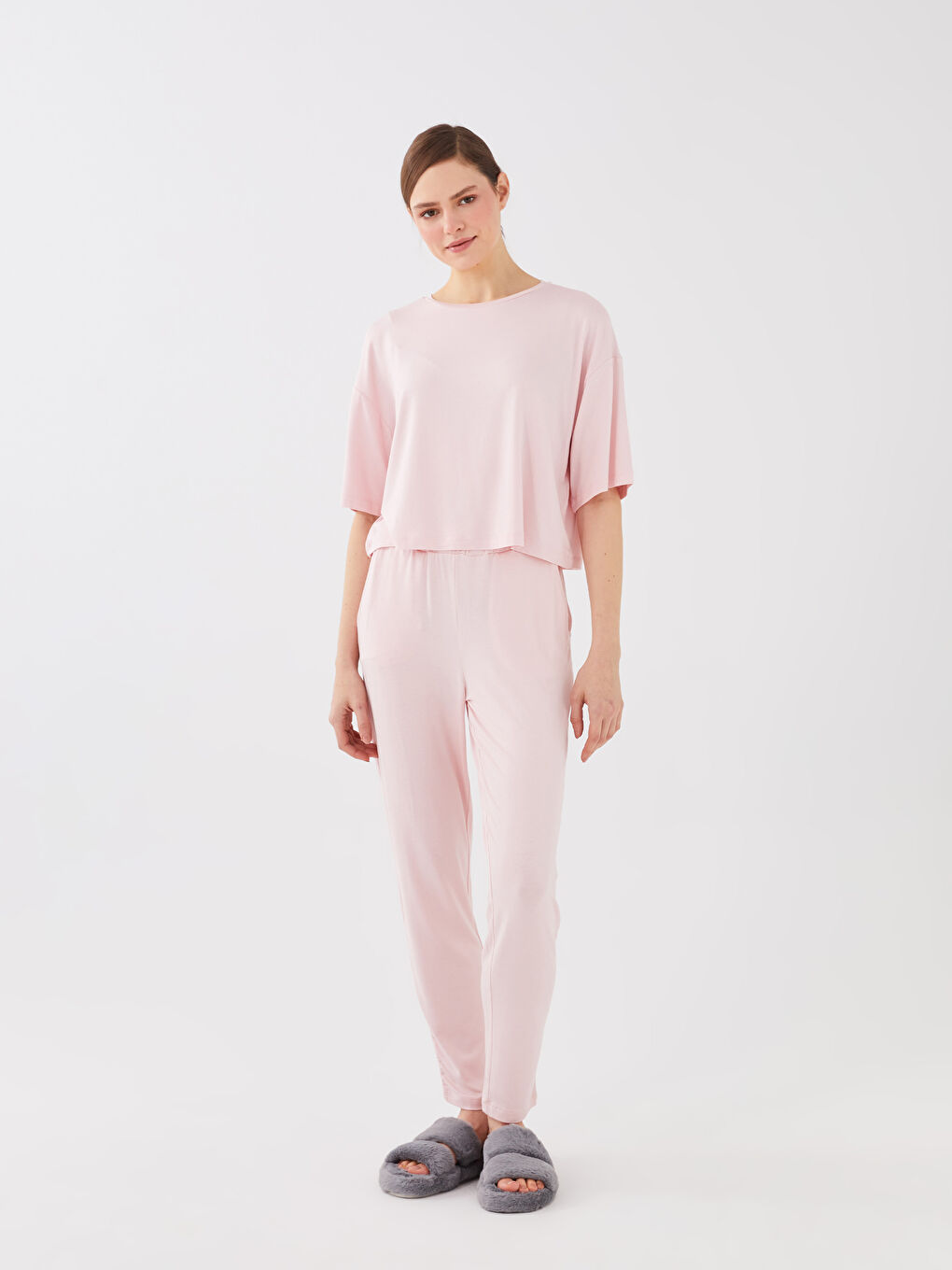 Pembe Bisiklet Yaka Düz Kısa Kollu Kadın Pijama Takım-1