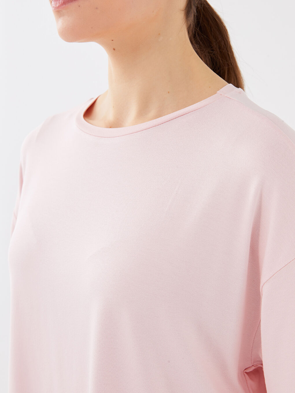 Pembe Bisiklet Yaka Düz Kısa Kollu Kadın Pijama Takım-3