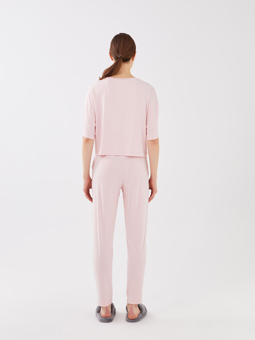Pembe Bisiklet Yaka Düz Kısa Kollu Kadın Pijama Takım-4