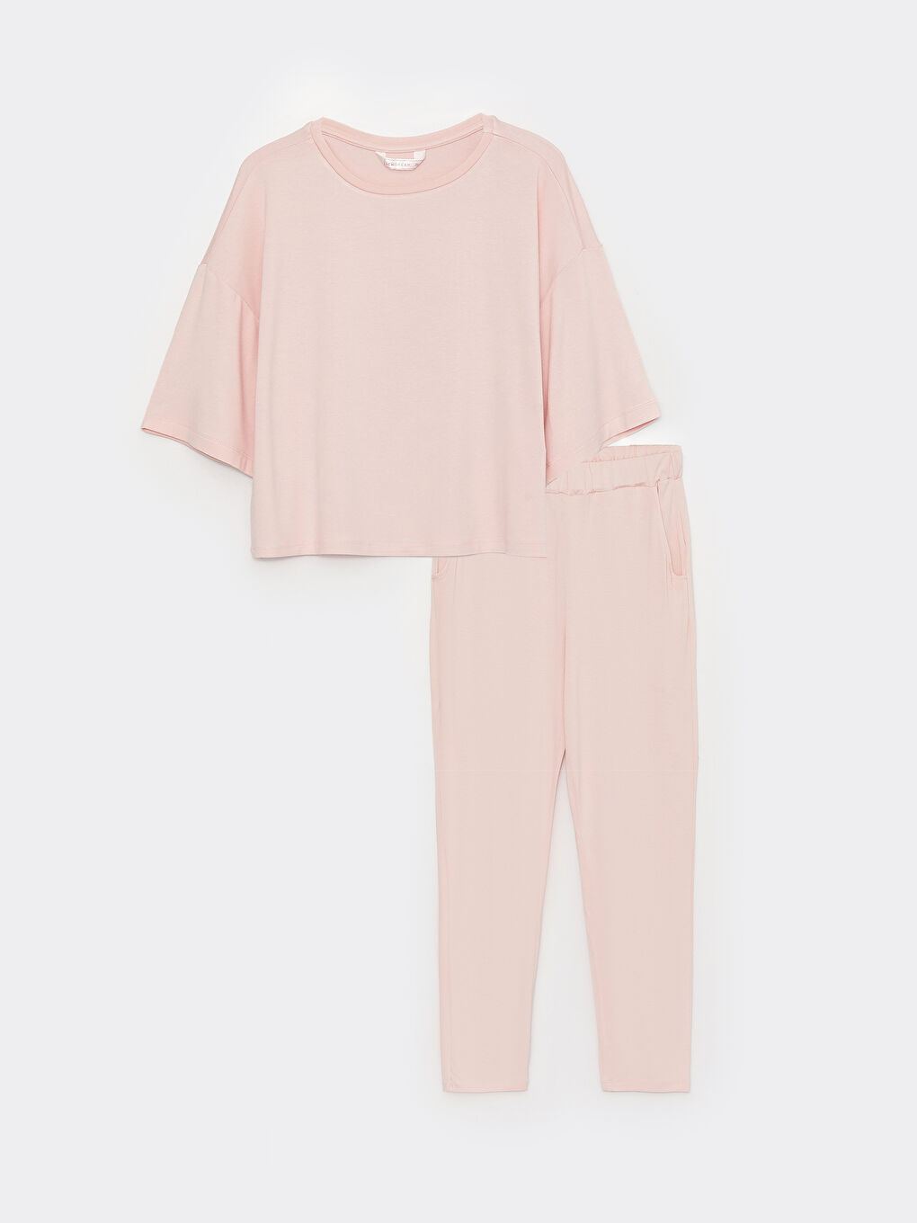 Pembe Bisiklet Yaka Düz Kısa Kollu Kadın Pijama Takım-5