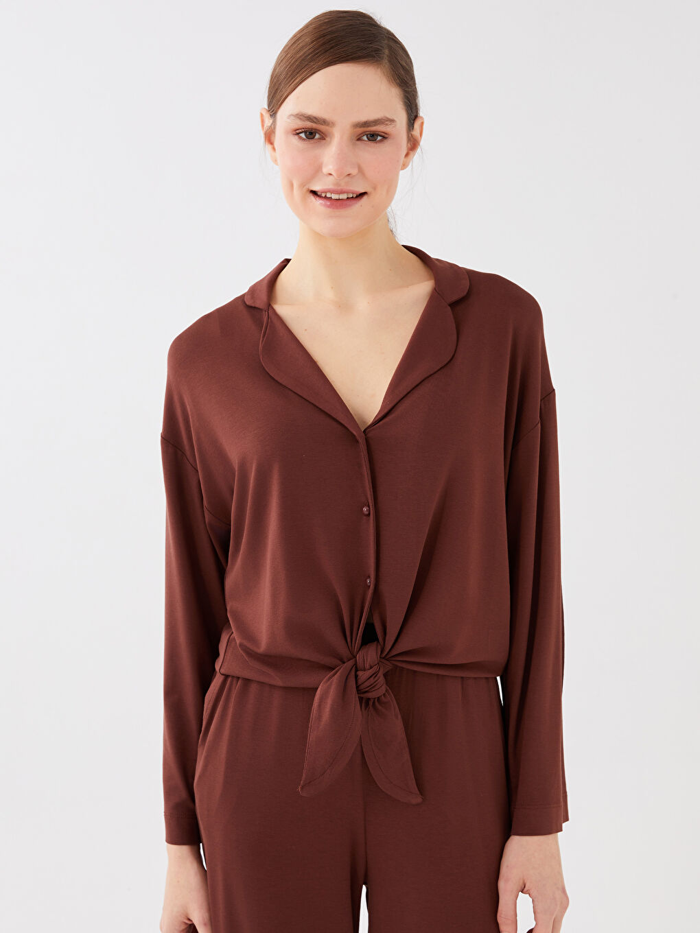 Ensemble de Pyjama à Col de Chemise Uni à Manches Longues pour Femmes-1