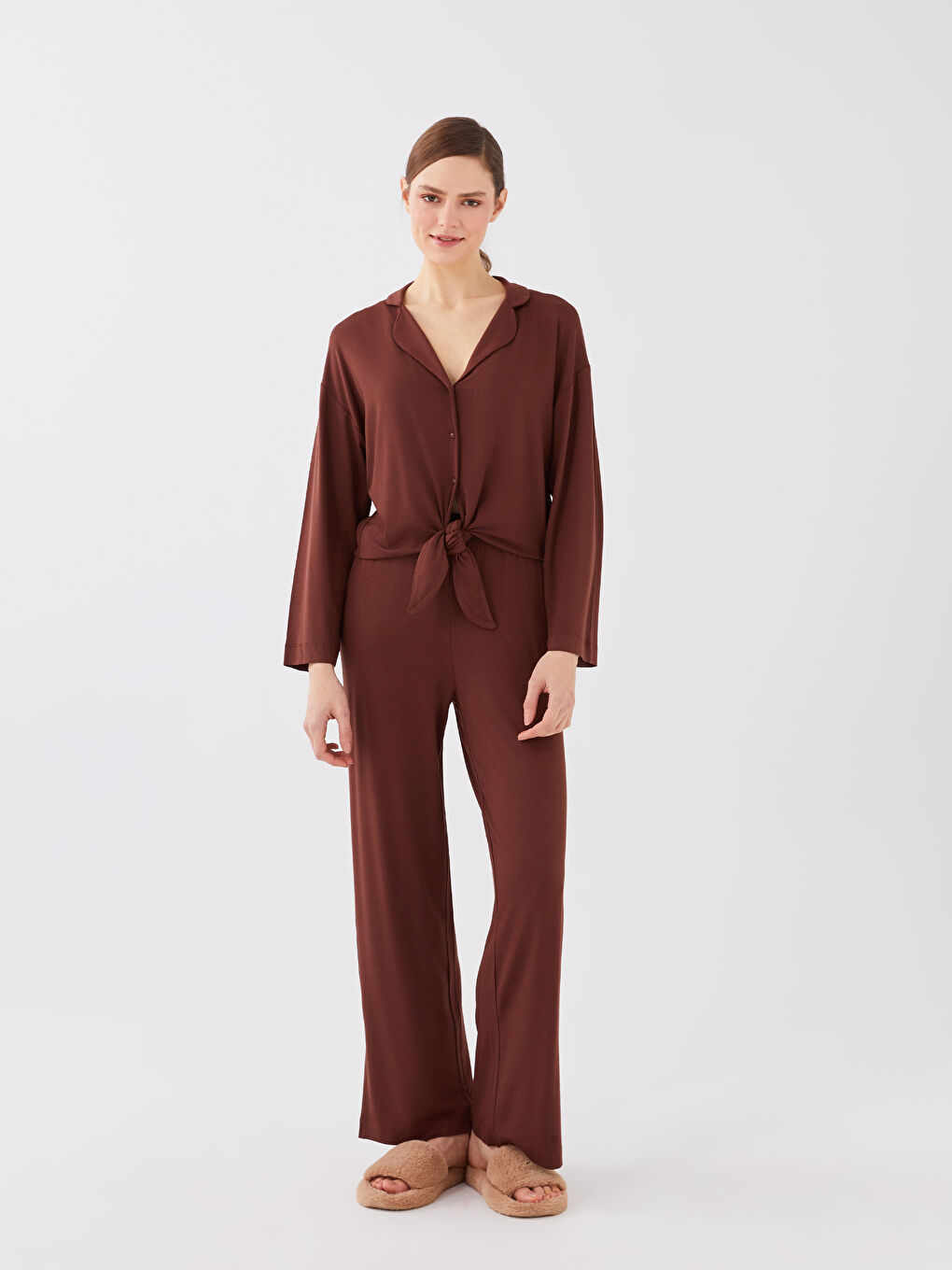 Ensemble de Pyjama à Col de Chemise Uni à Manches Longues pour Femmes-3