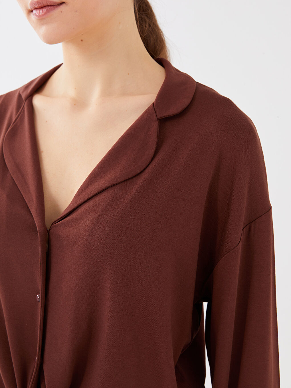 Ensemble de Pyjama à Col de Chemise Uni à Manches Longues pour Femmes-4