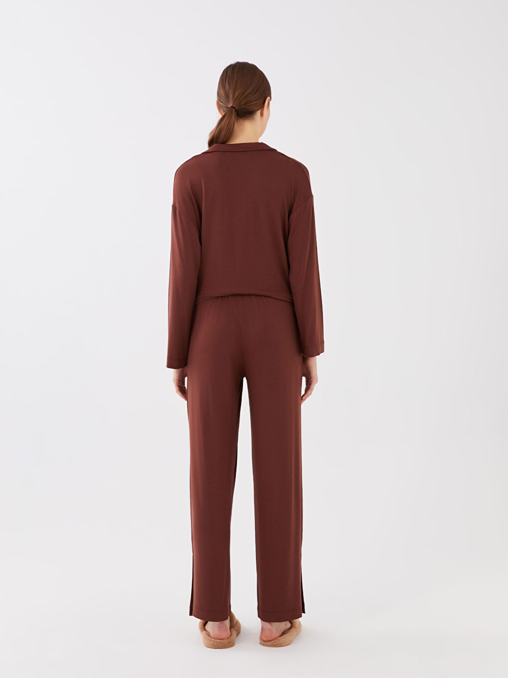 Ensemble de Pyjama à Col de Chemise Uni à Manches Longues pour Femmes-5