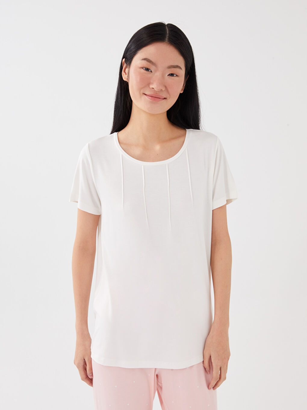 طقم بيجامة كم قصير سادة بياقة دائرية للسيدات-2