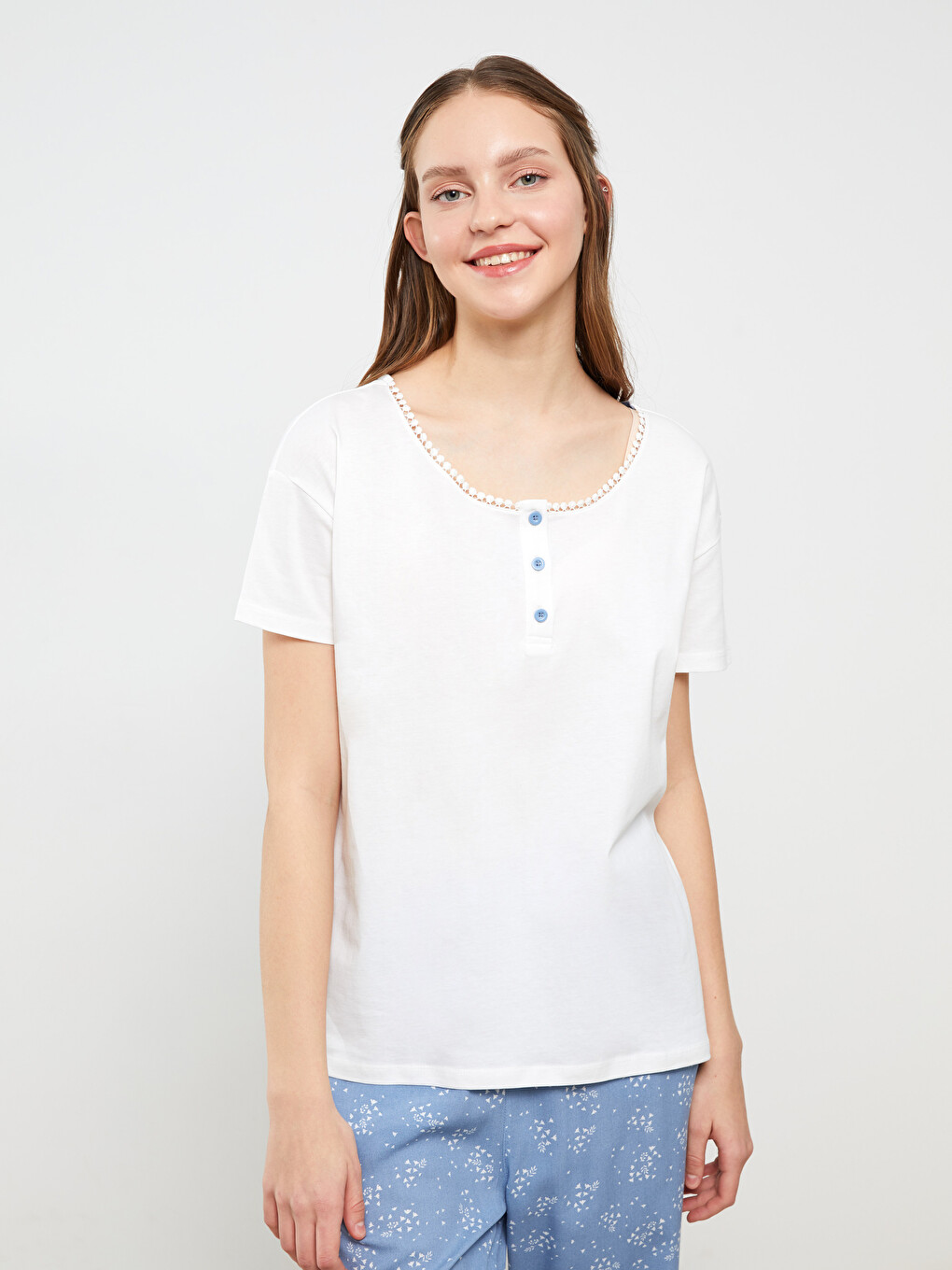 Mavi Bisiklet Yaka Desenli Kısa Kollu Kadın Pijama Takımı-1