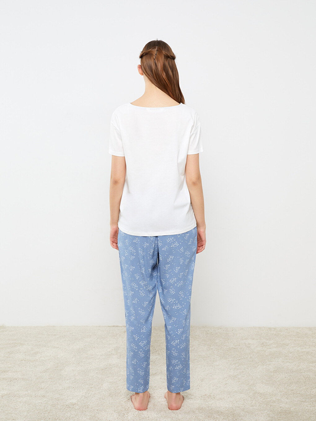 Mavi Bisiklet Yaka Desenli Kısa Kollu Kadın Pijama Takımı-4