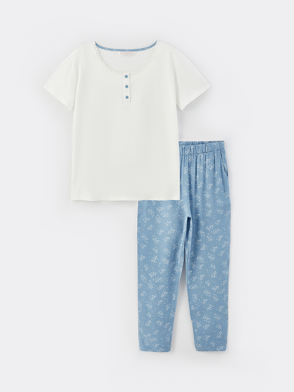 Mavi Bisiklet Yaka Desenli Kısa Kollu Kadın Pijama Takımı-5