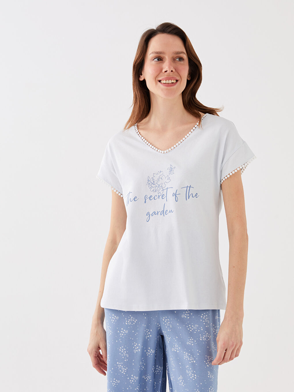 Mavi Kadın V Yaka Baskılı Kaprili Pijama Takımı-2