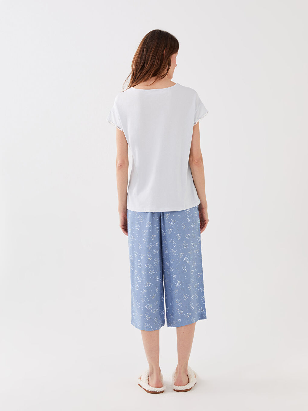 Mavi Kadın V Yaka Baskılı Kaprili Pijama Takımı-4