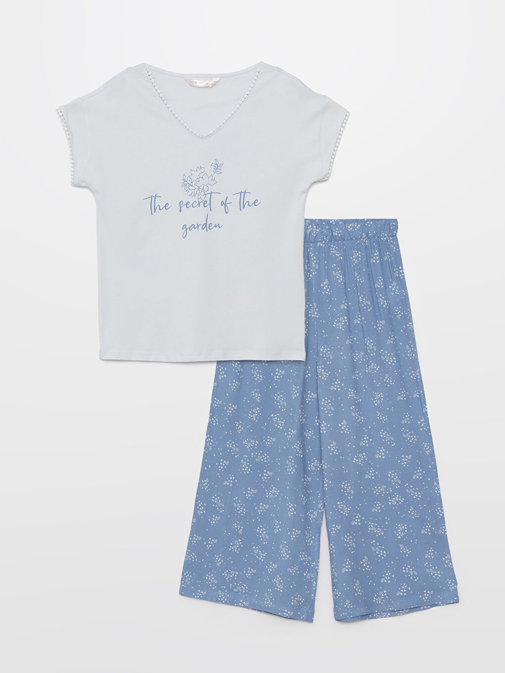 Mavi Kadın V Yaka Baskılı Kaprili Pijama Takımı-5