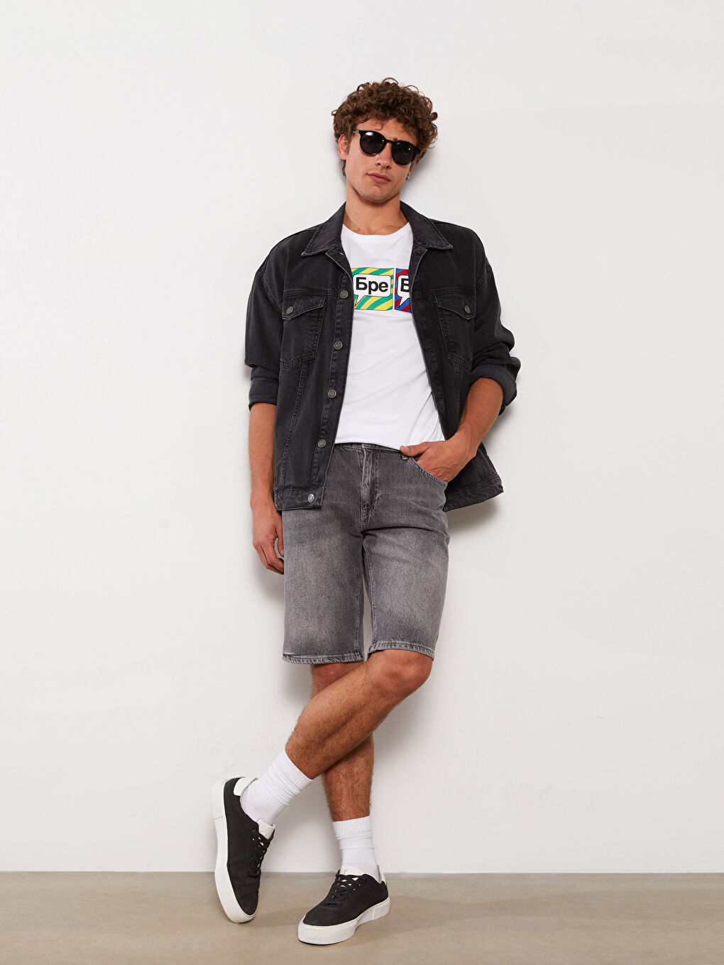 Gri Standart Kalıp Erkek Jean Şort-2