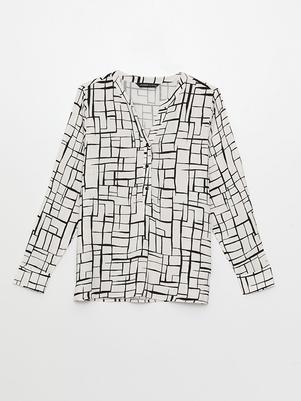 Ekru Kaçık Yaka Desenli Uzun Kollu Kadın Bluz-5