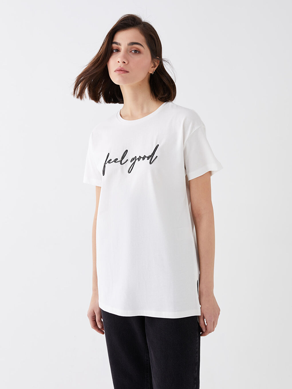 Crew Neck Embroidered Short Sleeve Women's T-Shirt-1