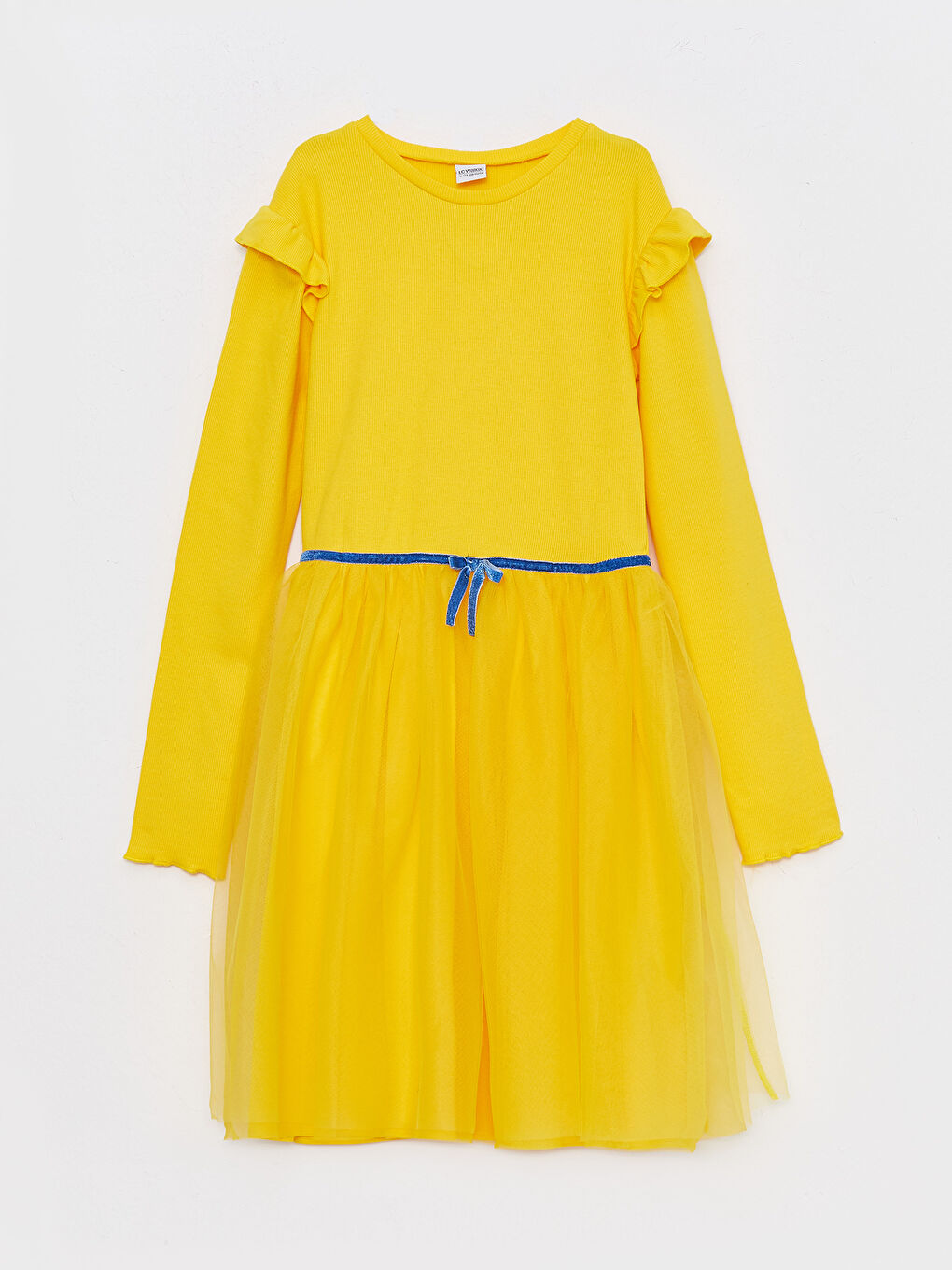Sarı Bisiklet Yaka Basic Uzun Kollu Kız Çocuk Elbise