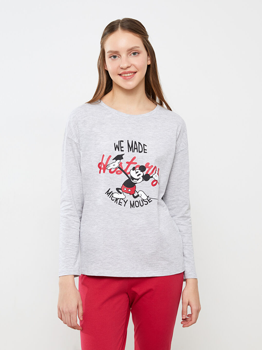 Pembe Bisiklet Yaka Mickey Mouse Baskılı Uzun Kollu Kadın Pijama Takımı-1