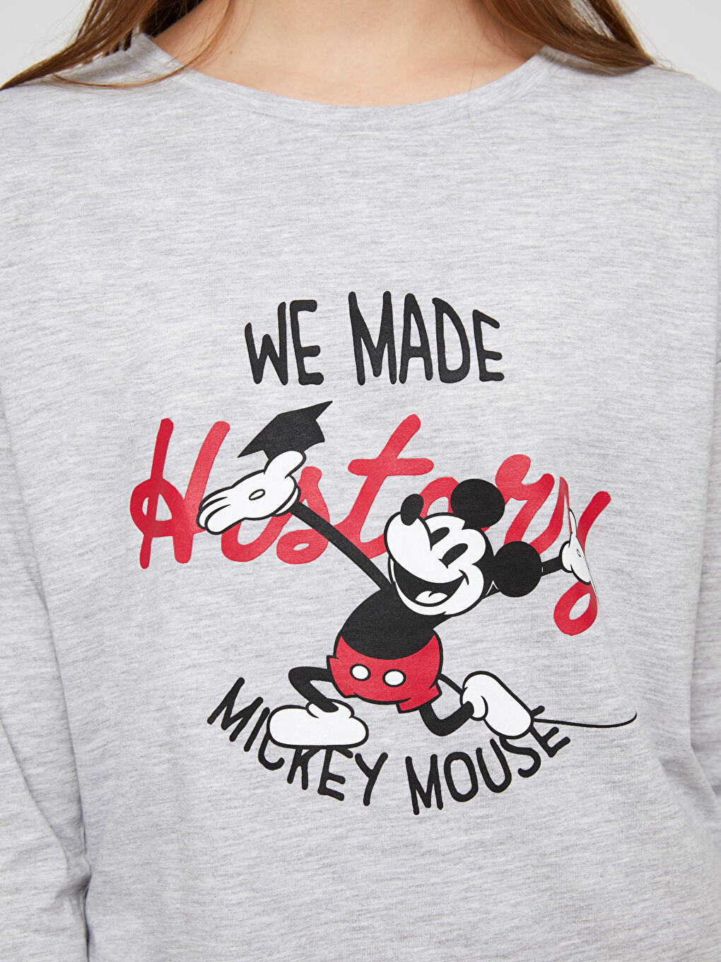 Pembe Bisiklet Yaka Mickey Mouse Baskılı Uzun Kollu Kadın Pijama Takımı-2