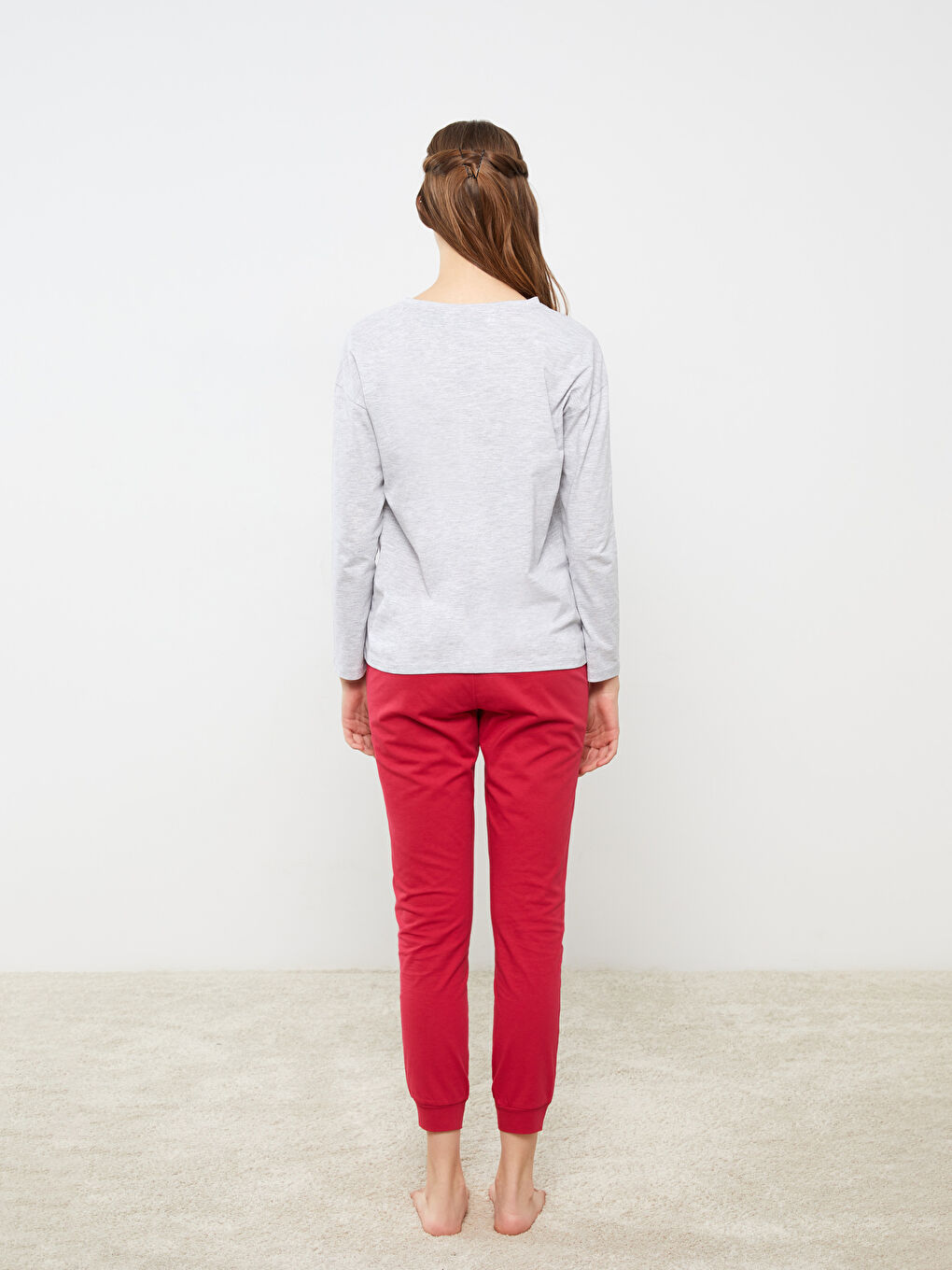 Pembe Bisiklet Yaka Mickey Mouse Baskılı Uzun Kollu Kadın Pijama Takımı-3