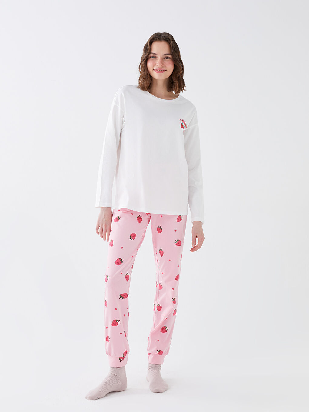 Pembe Kadın Bisiklet Yaka Baskılı Uzun Kollu Pijama Takımı