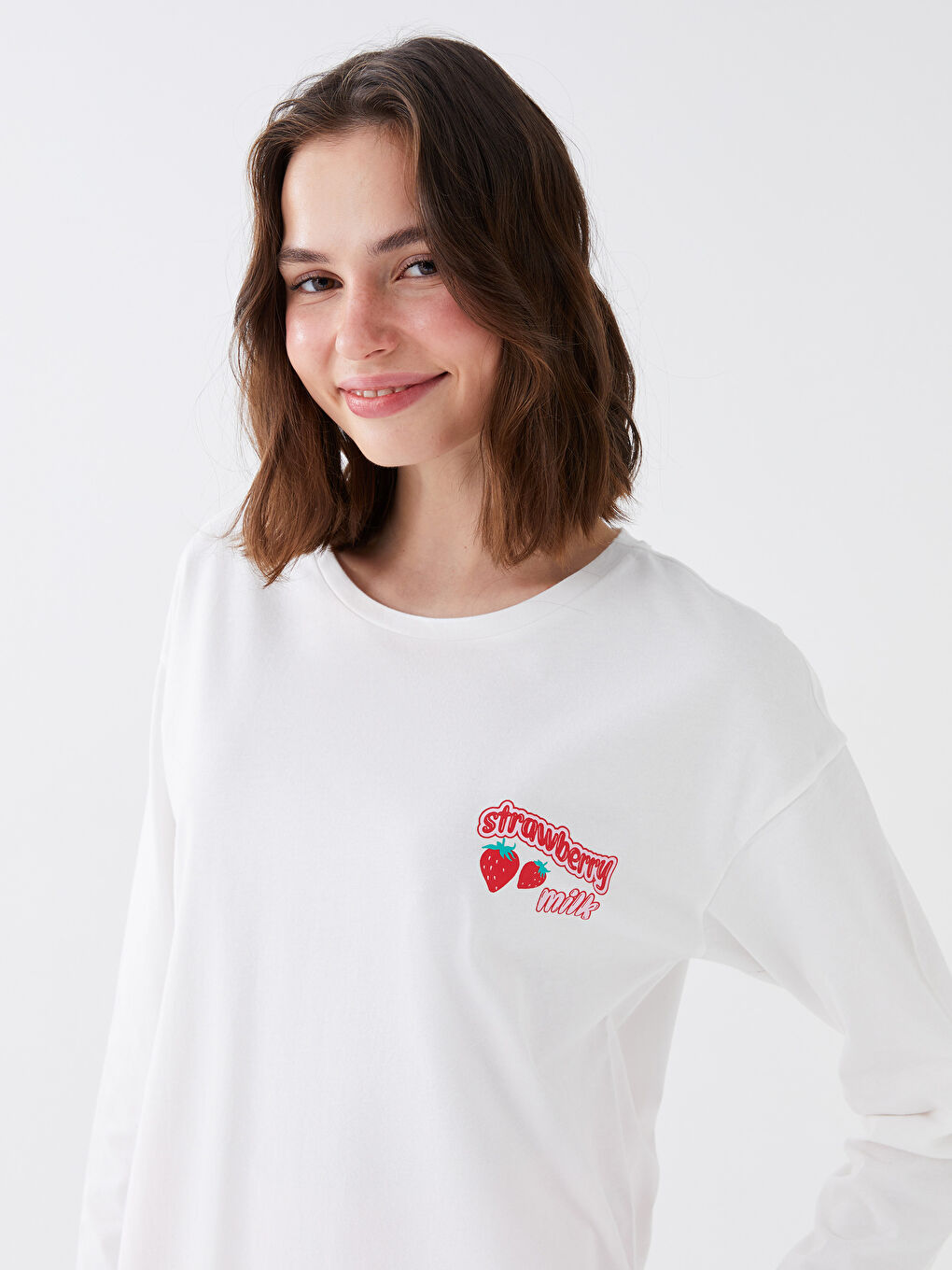 Pembe Kadın Bisiklet Yaka Baskılı Uzun Kollu Pijama Takımı-1