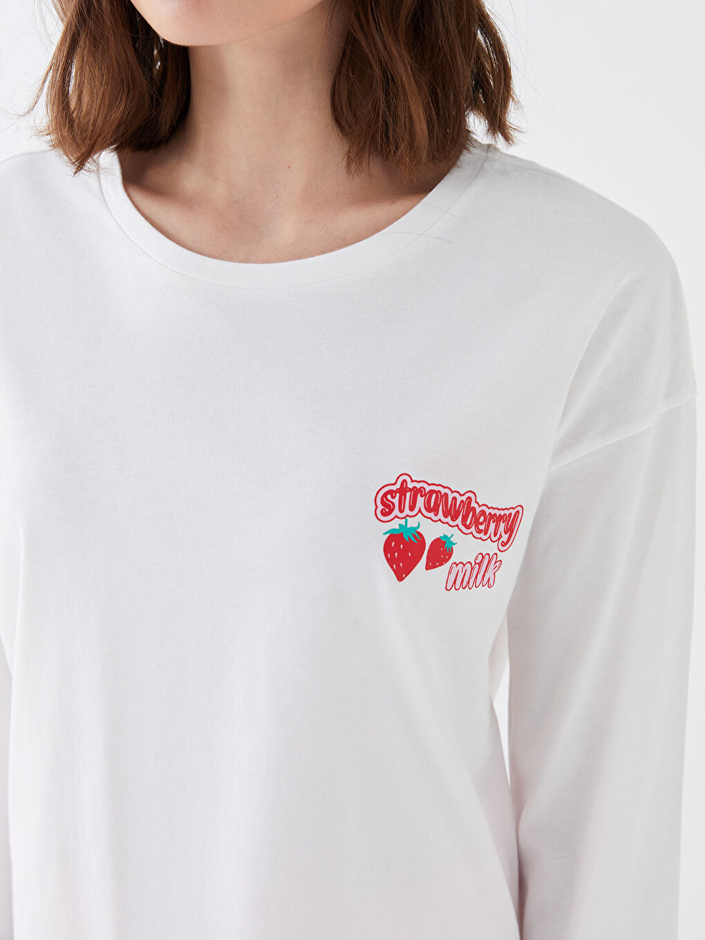 Pembe Kadın Bisiklet Yaka Baskılı Uzun Kollu Pijama Takımı-2