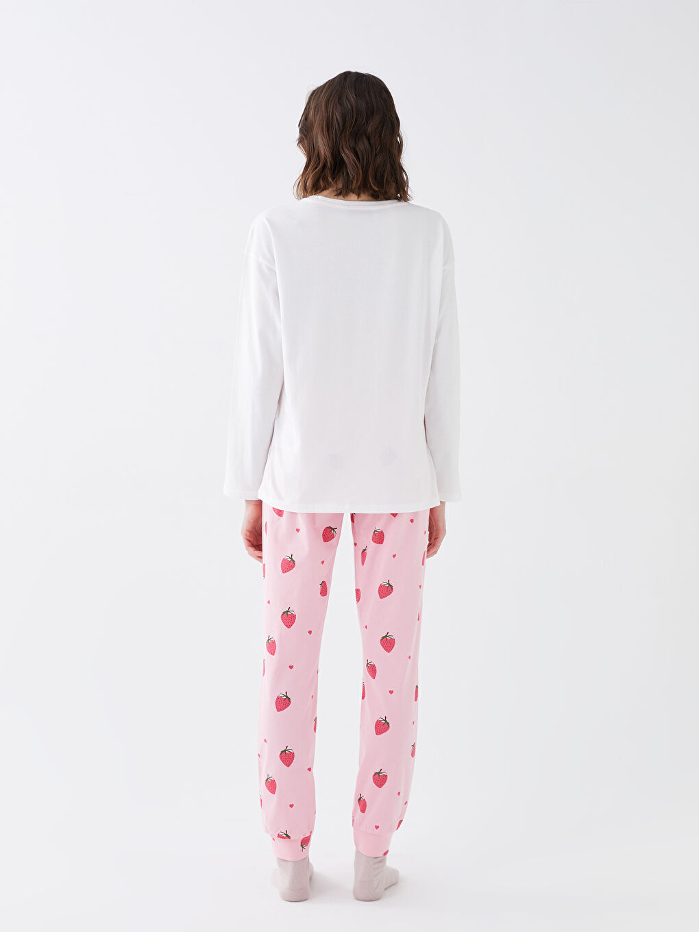 Pembe Kadın Bisiklet Yaka Baskılı Uzun Kollu Pijama Takımı-3