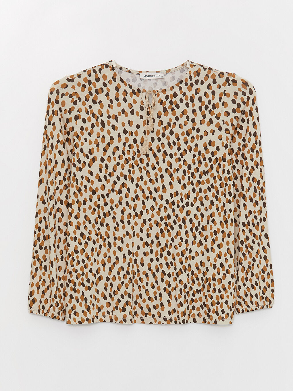 Bej Bağlamalı Yaka Desenli Uzun Kollu Kadın Tişört-5