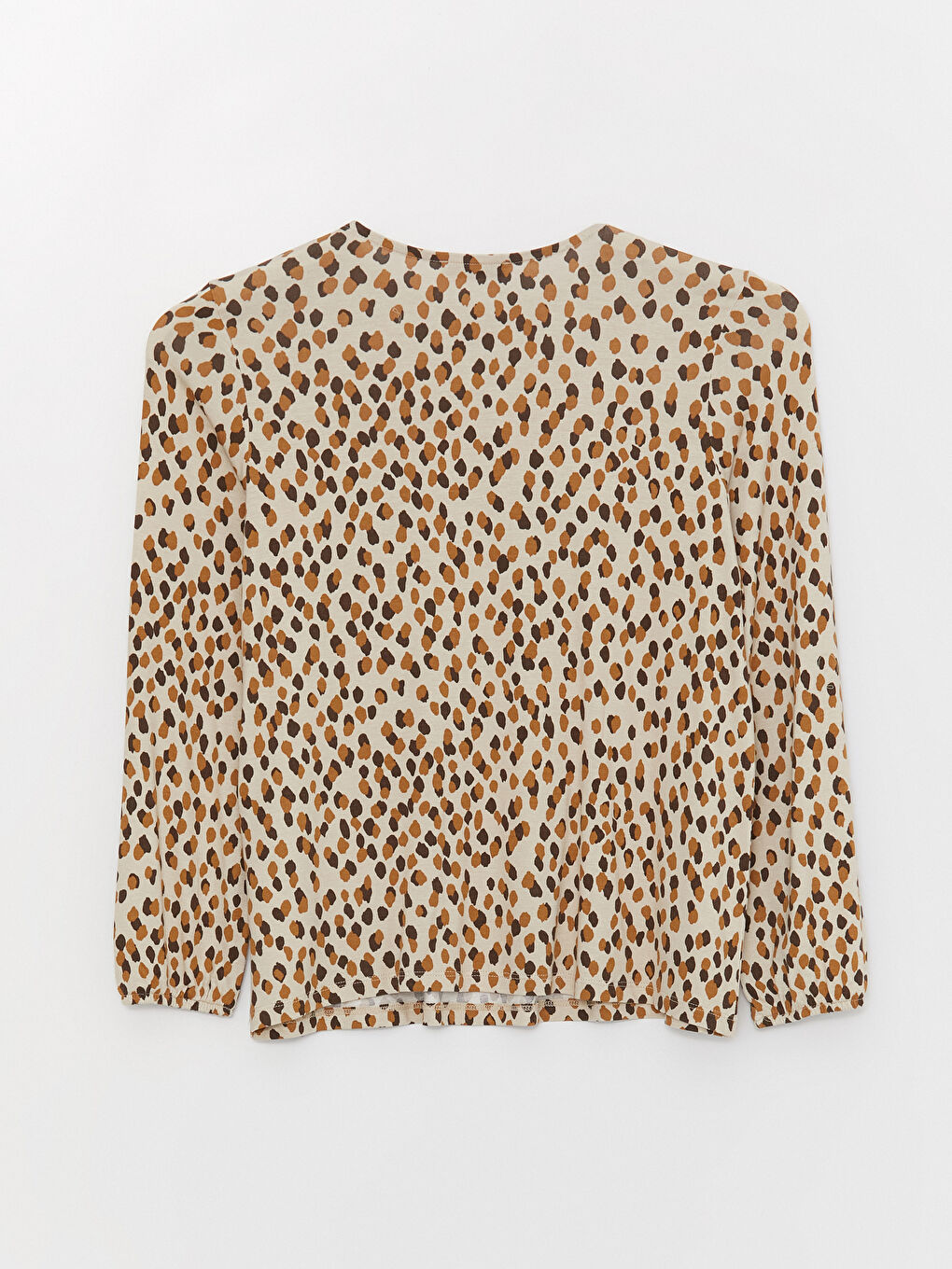 Bej Bağlamalı Yaka Desenli Uzun Kollu Kadın Tişört-6