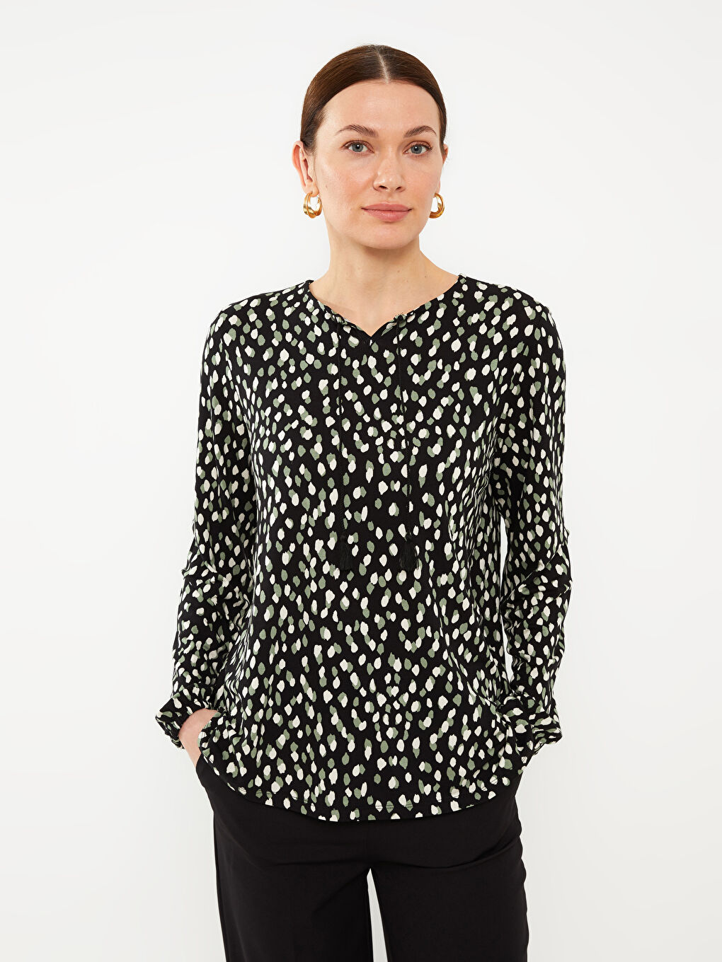 T-shirt à Manches Longues à Col Lavallière Imprimé pour Femmes